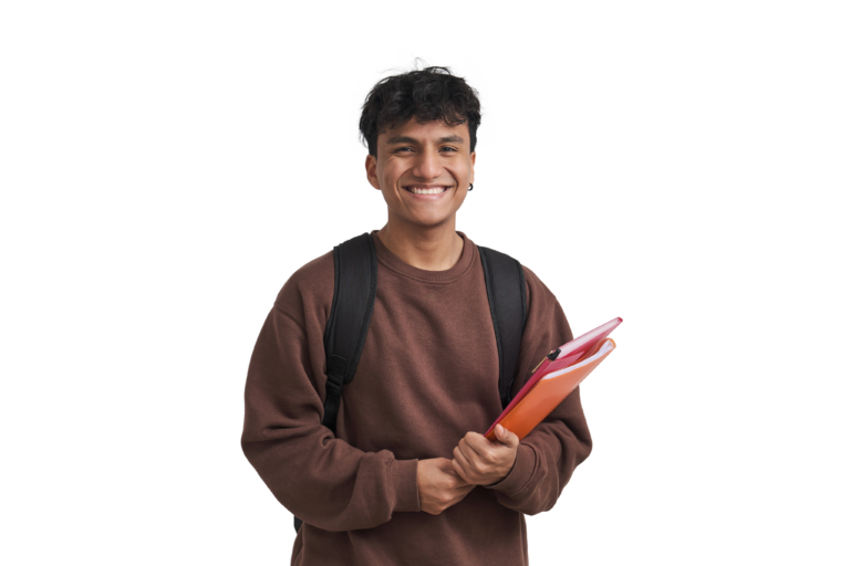 Smiling student with backpack and folder.